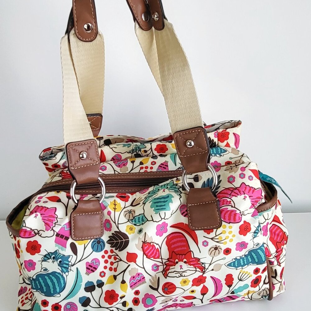 Lily Bloom Floral Canvas Satchel Bag | Multicolor Cats Shoulder Handbag Y2K - Picture 4 of 16